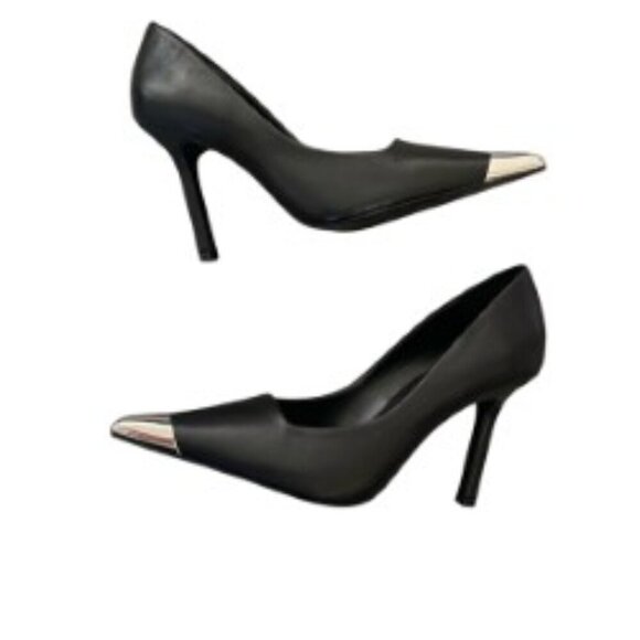 Mango Black Leather Heels with Metallic Toe 36 - Picture 1 of 6